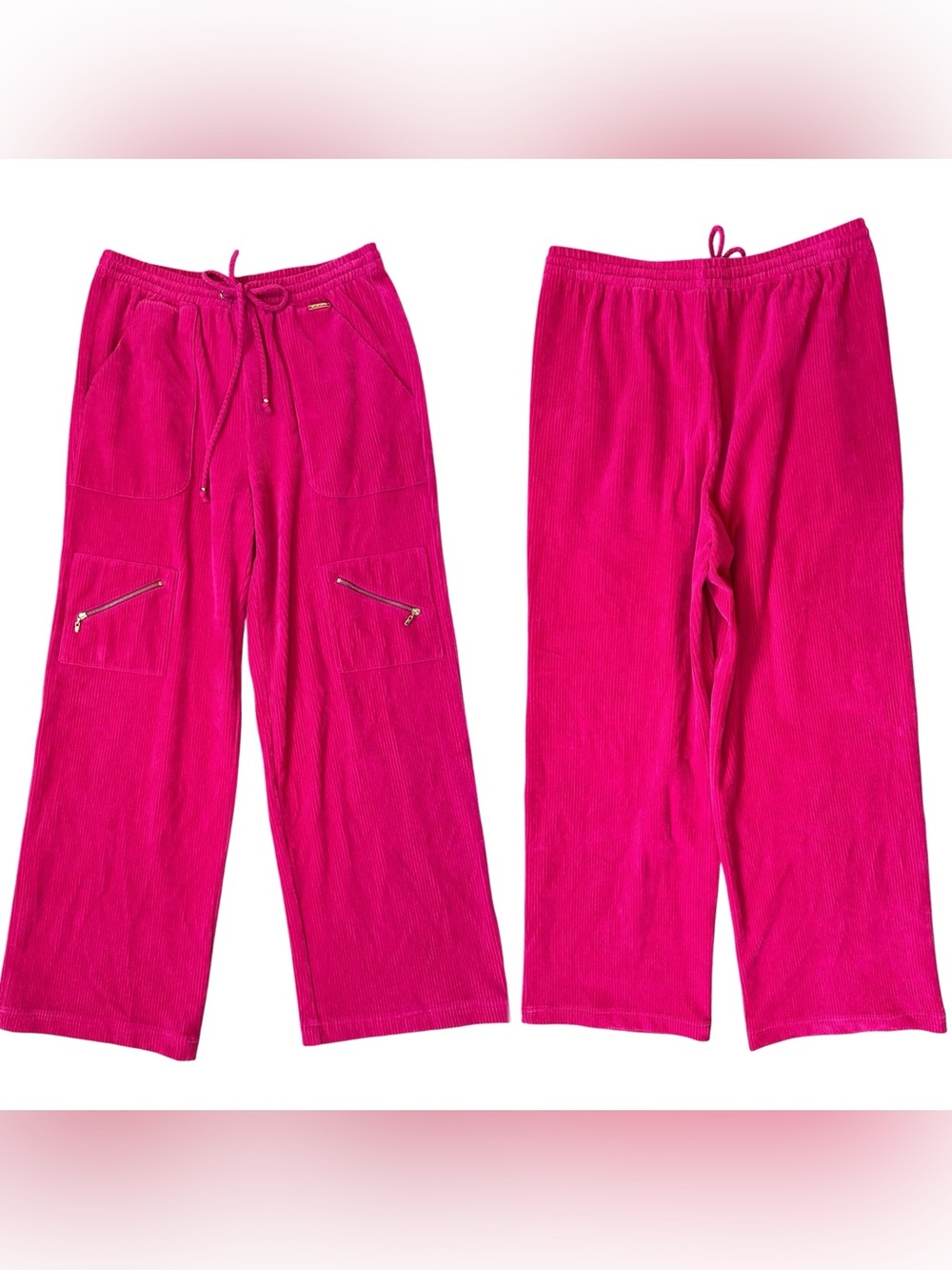 St. John Sport Marie Gray Hot Pink Corduroy Velour Wide Leg Trackpants Small